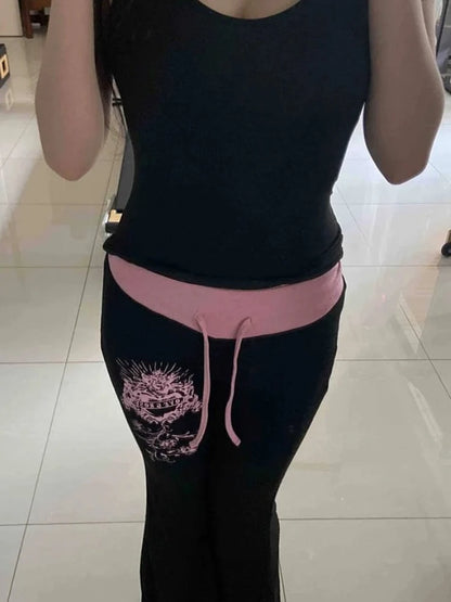 Hip-Hop Streetwear Pants Women Y2K Gothic Drawstring Trousers Spring Autumn Classic Fashion Pink-black Patchwork Bootcut Pants