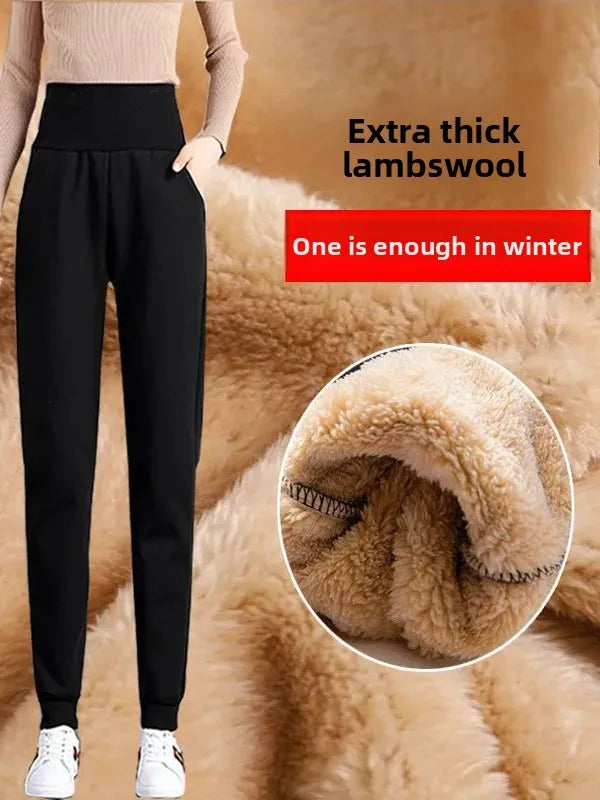 plus Size Fleece Lined Thickened Lamb Velvet Casual Slim Fit Pants Winter New Loose Warm Slimming Straight Leg Sweatpants