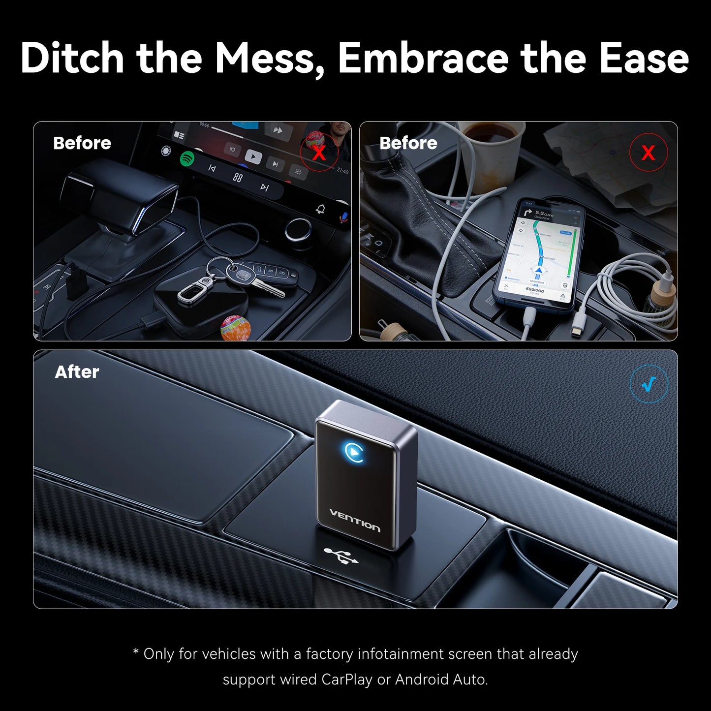 Vention 2in1 Wireless CarPlay Adapter Android Auto For OEM Car Plug and Play AI Smart Box WiFi Bluetooth Auto Connection
