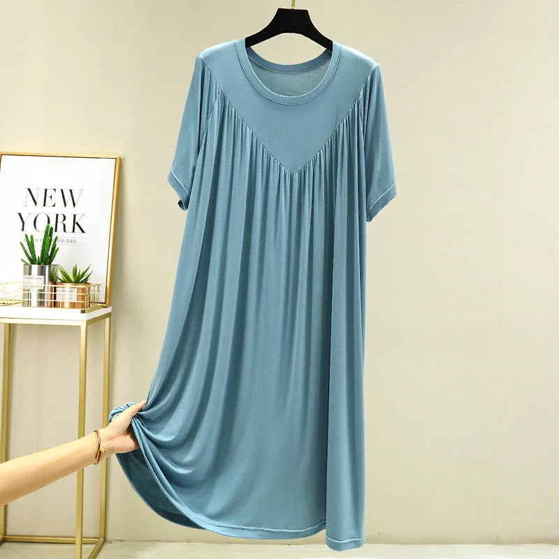 Loose plus Size Sp Dr Modal Women's Summer Thin Home Gown Skirt Sle round Ne ort Sve Long Dr Korean Sle