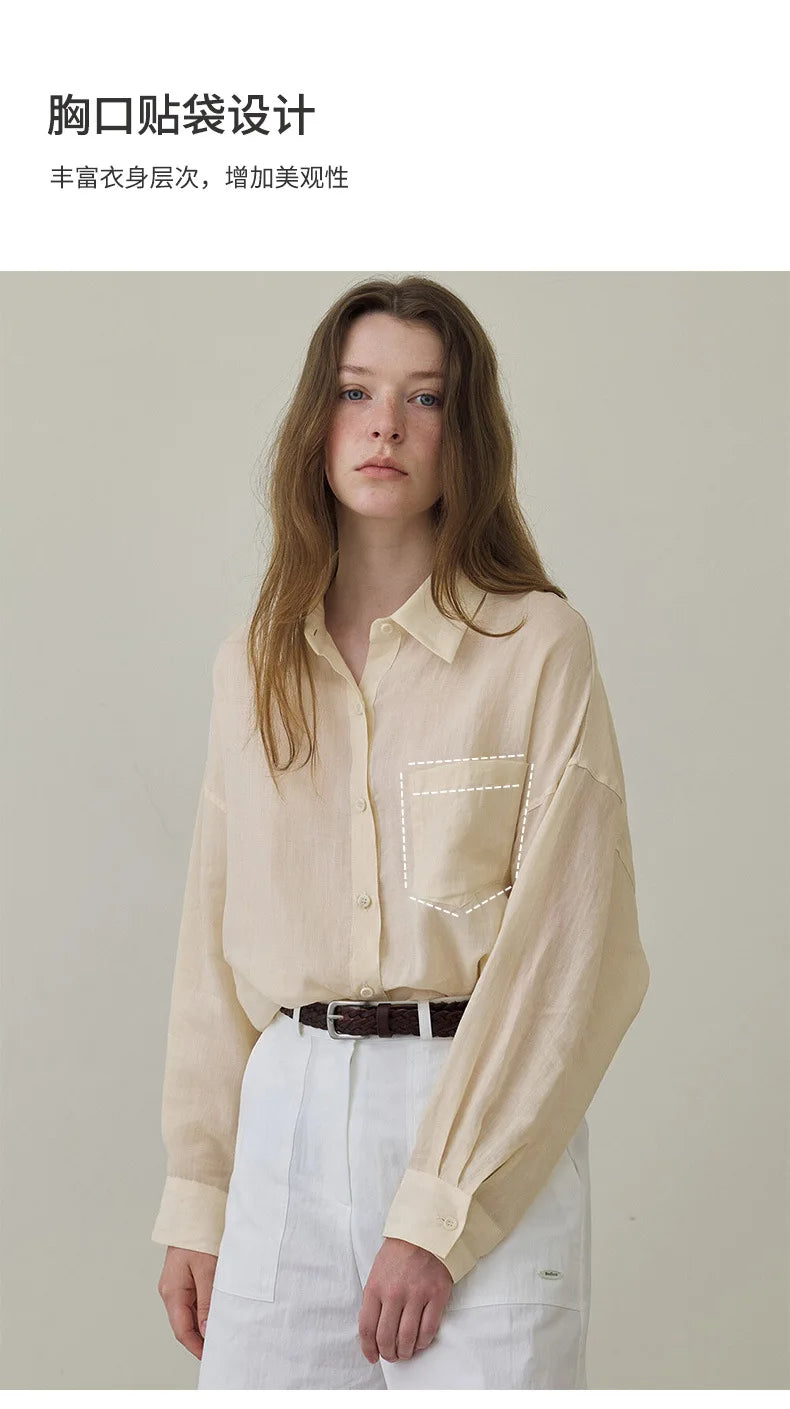 100% Ramie Thin Breathable Women Shirt Chic French Lapel Single-Breasted Cardigan Ladies Loose Simple Long-Sleeved Shirts