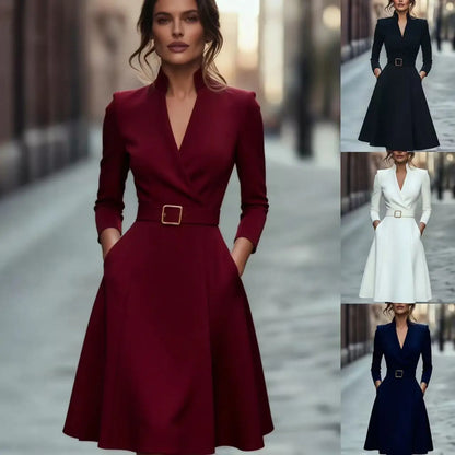 Autumn and winter temperament commuting waist slimming V-neck long-sleeved A-shaped medium-long belt skirt for women