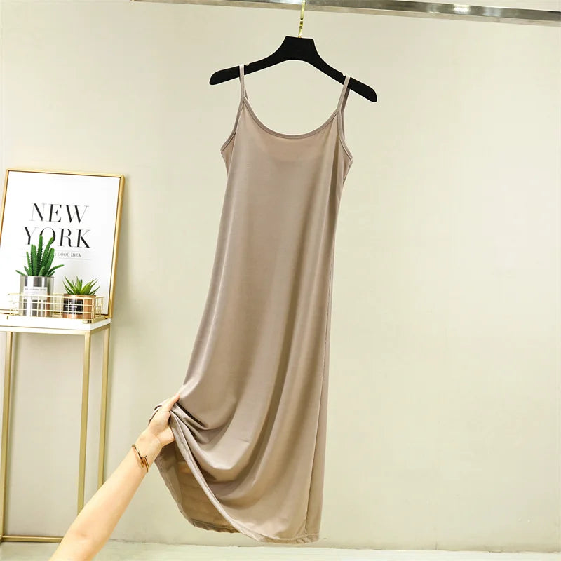 Summer Thin Ice Silk A-Line Dress Women's Casual Long Gown Inner Wear Vest Dress plus Size Korean Style Loose Waist Design