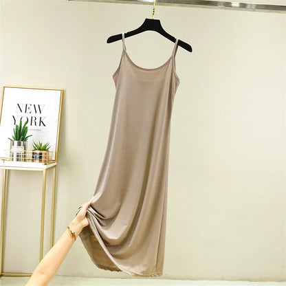 Summer Thin Ice Silk A-Line Dress Women's Casual Long Gown Inner Wear Vest Dress plus Size Korean Style Loose Waist Design