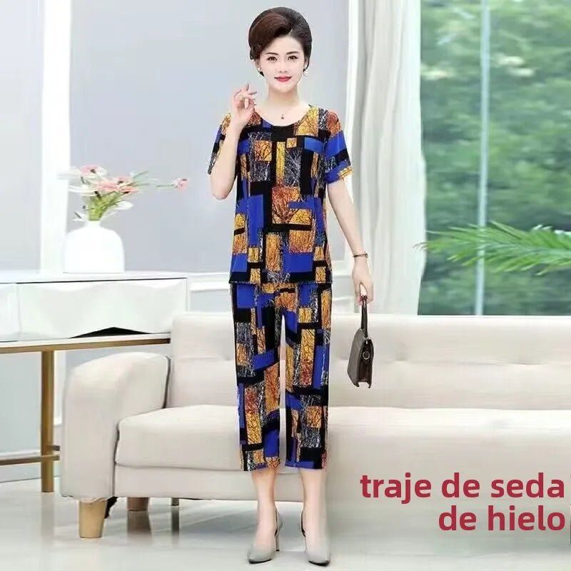 Summer 2025 Ice Silk Loose Fit Short Sleeve round Neck Two Piece Set for Middle-Aged And Elderly Casual Style Comfortable Wear