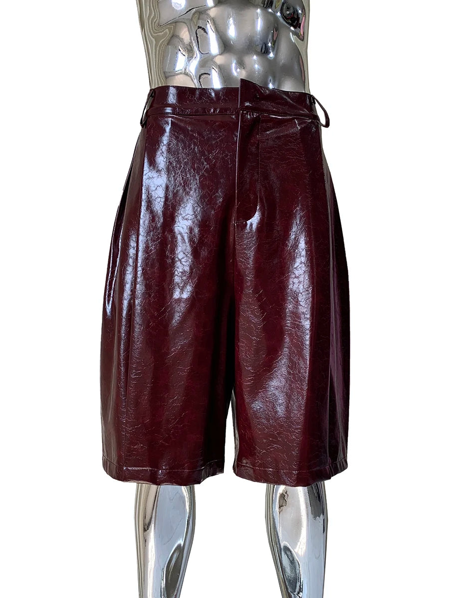 Mauroicardi Autumn Cool Handsome Waterproof Shiny Burgundy Pu Leather Straight Shorts for Men High Waist Luxury Designer Clothes