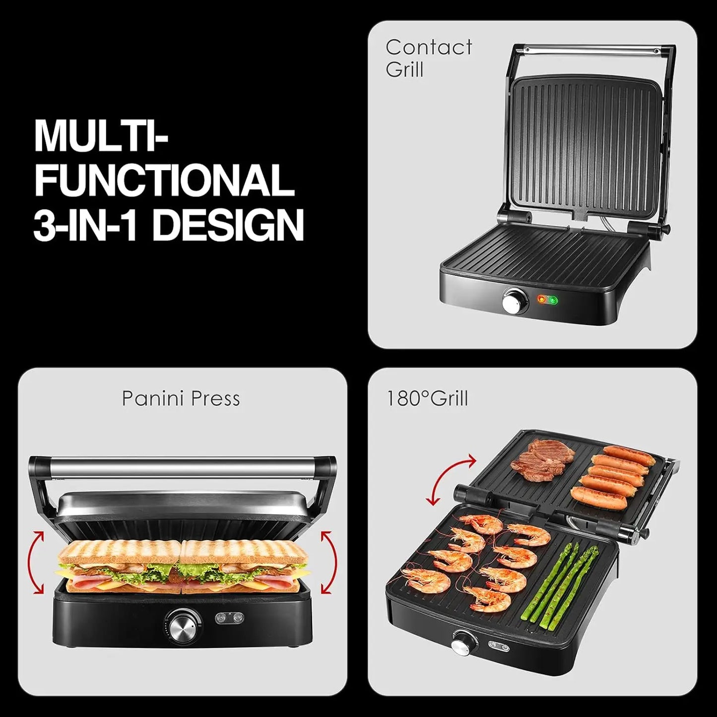 1200W Panini Press Grill with Adjustable Temperature, 4-Slice Indoor Grill, 180° Open Sandwich Maker with Drip Tray