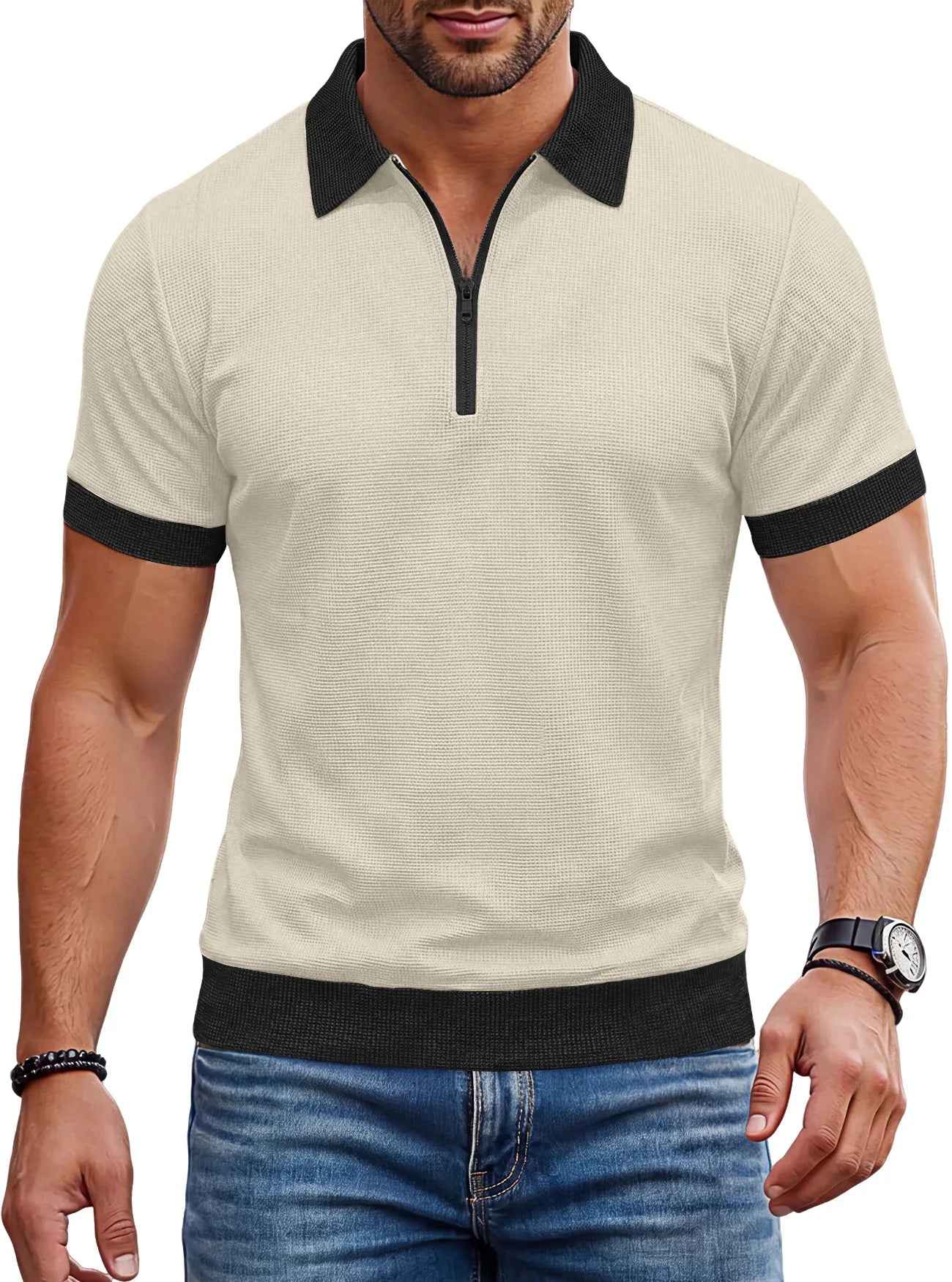 Men's Zip Polo Shirt Short Sleeve Contrast Trim Textured Casual Top 2026