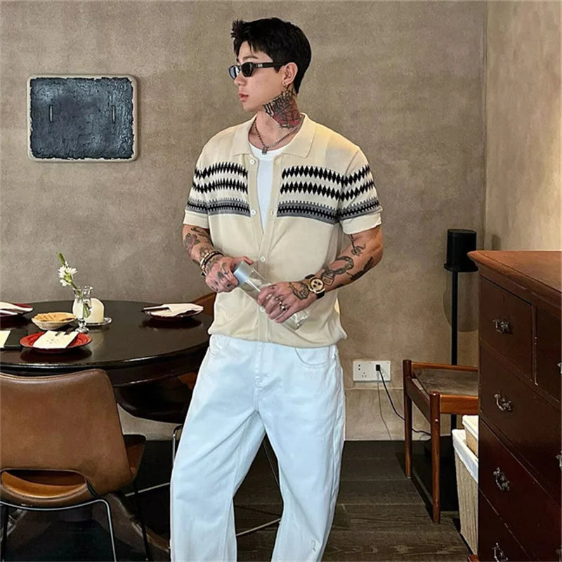 2026 Summer Men's Button Cardigan Knit Short Sleeve T-Shirt Fair Isle Cleanfit Casual Polo Shirts Stripe Color-Block Collar Top