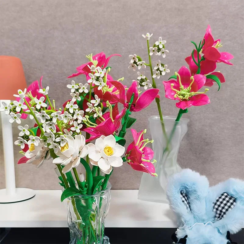 Creative 546PCS Pink lily Bouquet Building Blocks Jasmine Immortal Flowers Home Desk Plant Decoration Assemble Bricks Toys Gifts