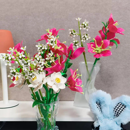 Creative 546PCS Pink lily Bouquet Building Blocks Jasmine Immortal Flowers Home Desk Plant Decoration Assemble Bricks Toys Gifts