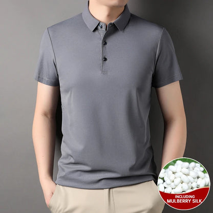 Top Grade 4.7% Mulberry Silk New Summer Brand Luxury Brand Polo Men Shirt Short Sleeve Plain Casual Tops Fashions Men Clothes