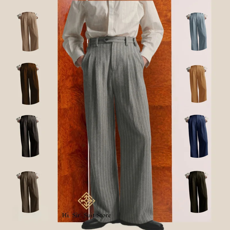 Men's High-Street Vintage Striped Pants Drapey Silhouette Melange Old Money Style Elegant Casual Trousers for Gentlemen Fashion