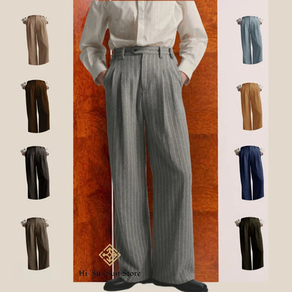 Men's High-Street Vintage Striped Pants Drapey Silhouette Melange Old Money Style Elegant Casual Trousers for Gentlemen Fashion