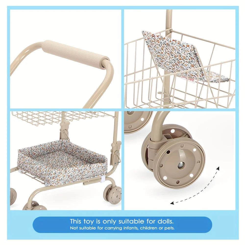 Shopping Cart Toy with Storage Bags Foldable Dollhouse Grocery Cart Pretend Play Shopping Toy Christmas Gift for Girls