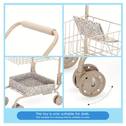 Shopping Cart Toy with Storage Bags Foldable Dollhouse Grocery Cart Pretend Play Shopping Toy Christmas Gift for Girls