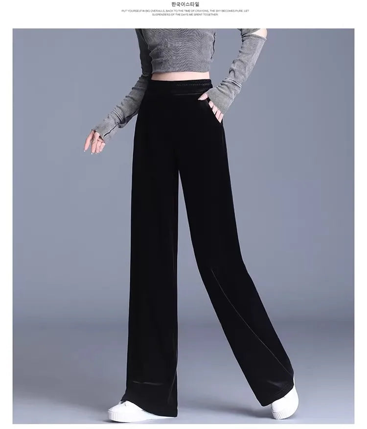 Slim Fit Velvet Wide Leg Pants Winter New Style plus Size Warm Fleece High Waist Elastic Korean Velvet Pants for Women