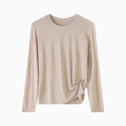 Niche Luxury Women's Solid Color Crew Neck Long Sleeve Knit Top, Soft Breathable Fabric, Casual Daily Inner Wear for Summer