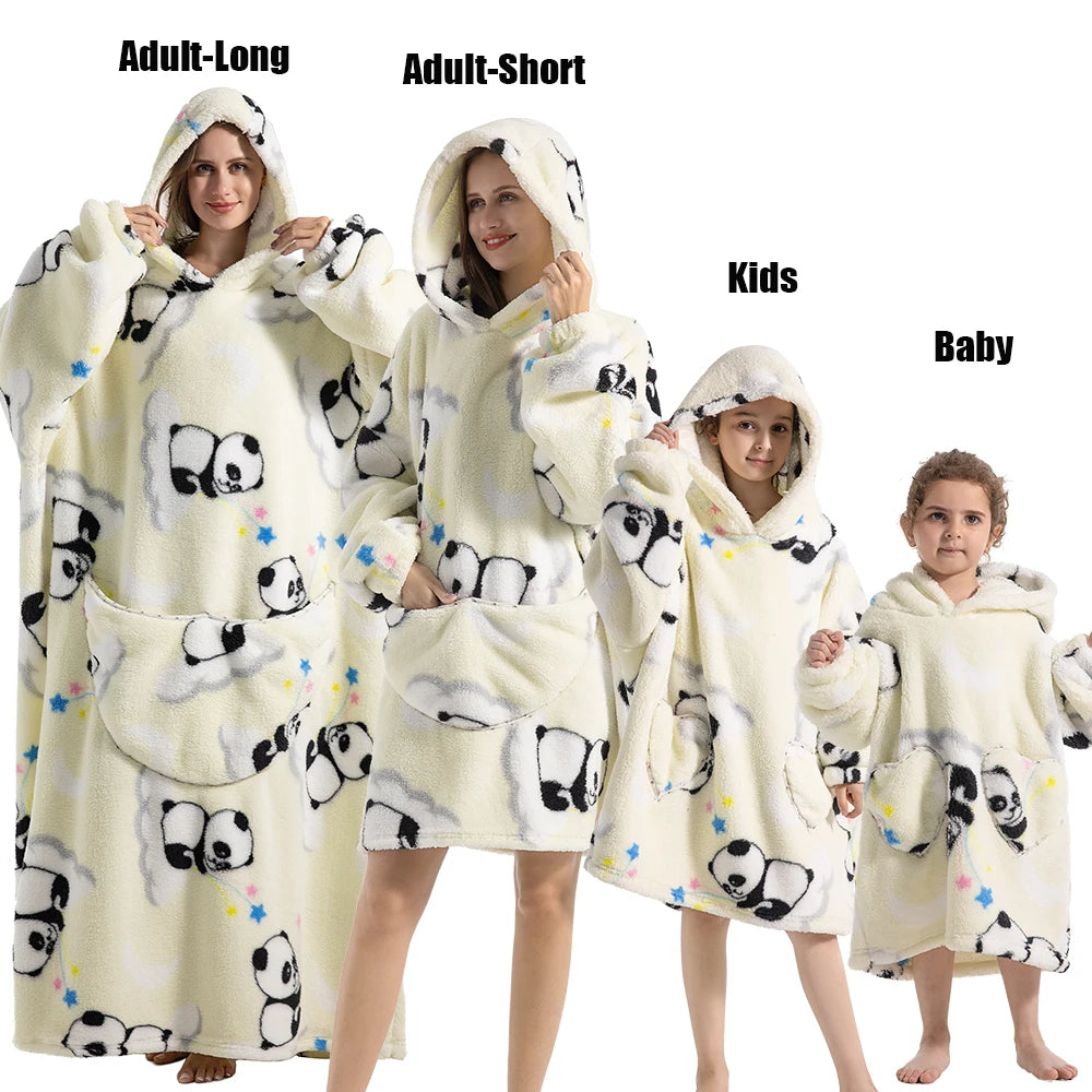 Halloween Family Matching Blanket Hoodies Women Cartoon Bear Dinosaur Sweatshirts Adult Oversized Warm Pullover Winter Clothes