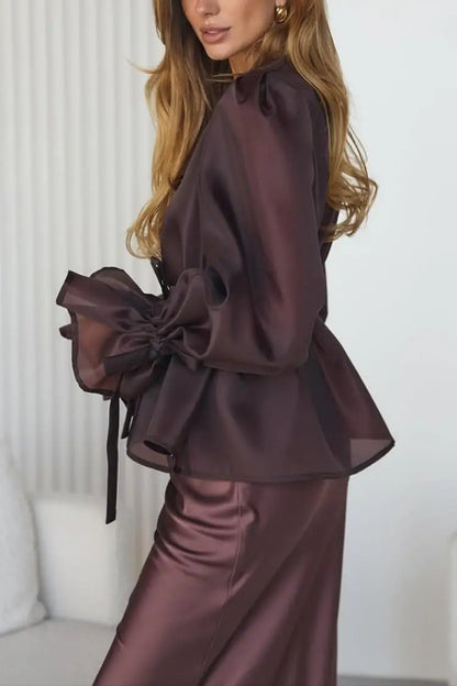 Elegant Shirt Style Satin Dress Women's High Waist Belted Long Sleeve Fashion Set High Quality Chinese Brand Summer Outfit