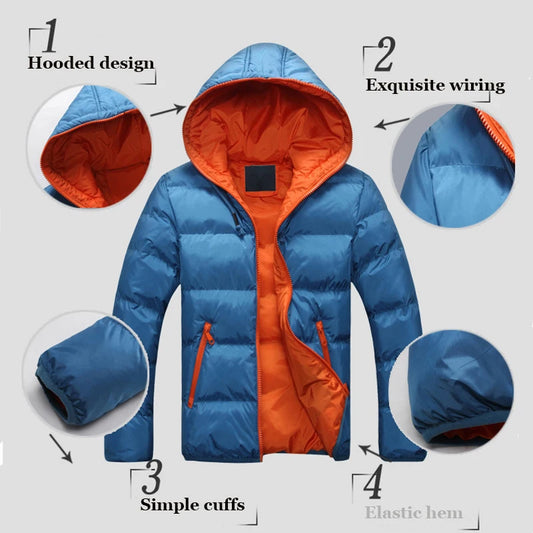 2024 Men's Casual Jacket Cotton Parka Coat Autumn Winter Thin Hooded Cotton Padded Jacket Windproof Outdoor Travel Outwear