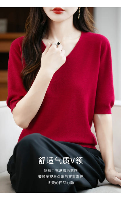 Thin Worsted Wool Short-Sleeved Women's Loose Round Neck T-shirt Printed Summer Fashion Knitted Bottoming Shirt Half-Sleeved