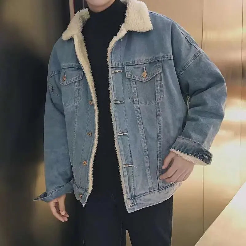 Lamb Velvet Thickened Loose Collar Denim Jacket Men's Autumn Winter Fashionable Workwear Cotton Coat Youthful Energy Style