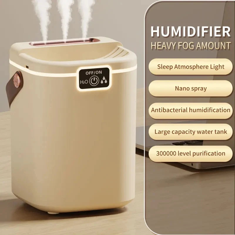 Portable Large Capacity Humidifier | 3 Nozzles High Mist USB Humidifier with Night Light for Bedroom Desk