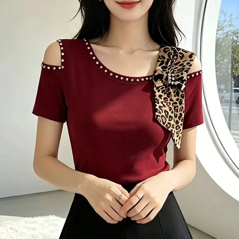 Summer New Off Shoulder Short sleeved T-shirt Korean Fashion Diamond Tops Slim Style Bowknot Women Shirt