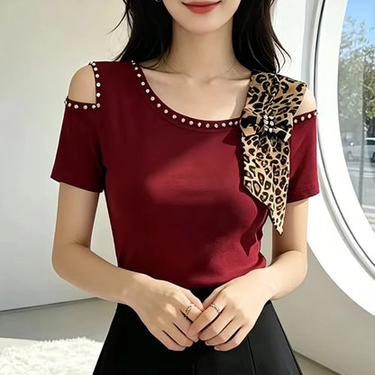Summer New Off Shoulder Short sleeved T-shirt Korean Fashion Diamond Tops Slim Style Bowknot Women Shirt