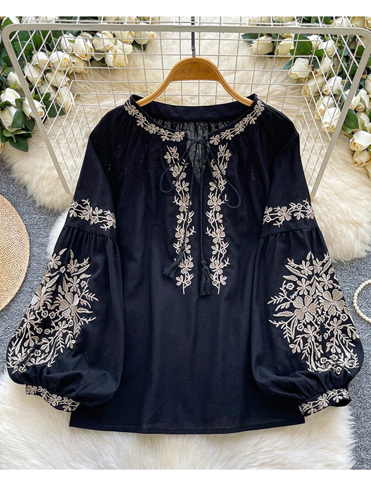 Women Bohemian Blouse Embroidered Lace Up V- Neck Lantern Sleeve Blouse Autumn Embroidery Linen-cotton Blend Female Top D78