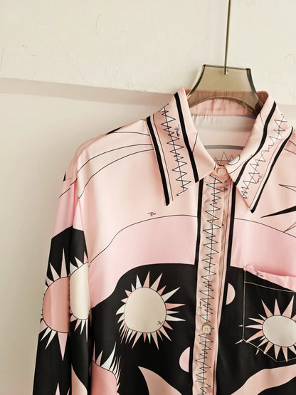 Baroque French Loose Fashion Printed Silk Satin Simulation Long Sleeve Wide Leg Pant Sets Pink Two Piece Casual Suit for Women