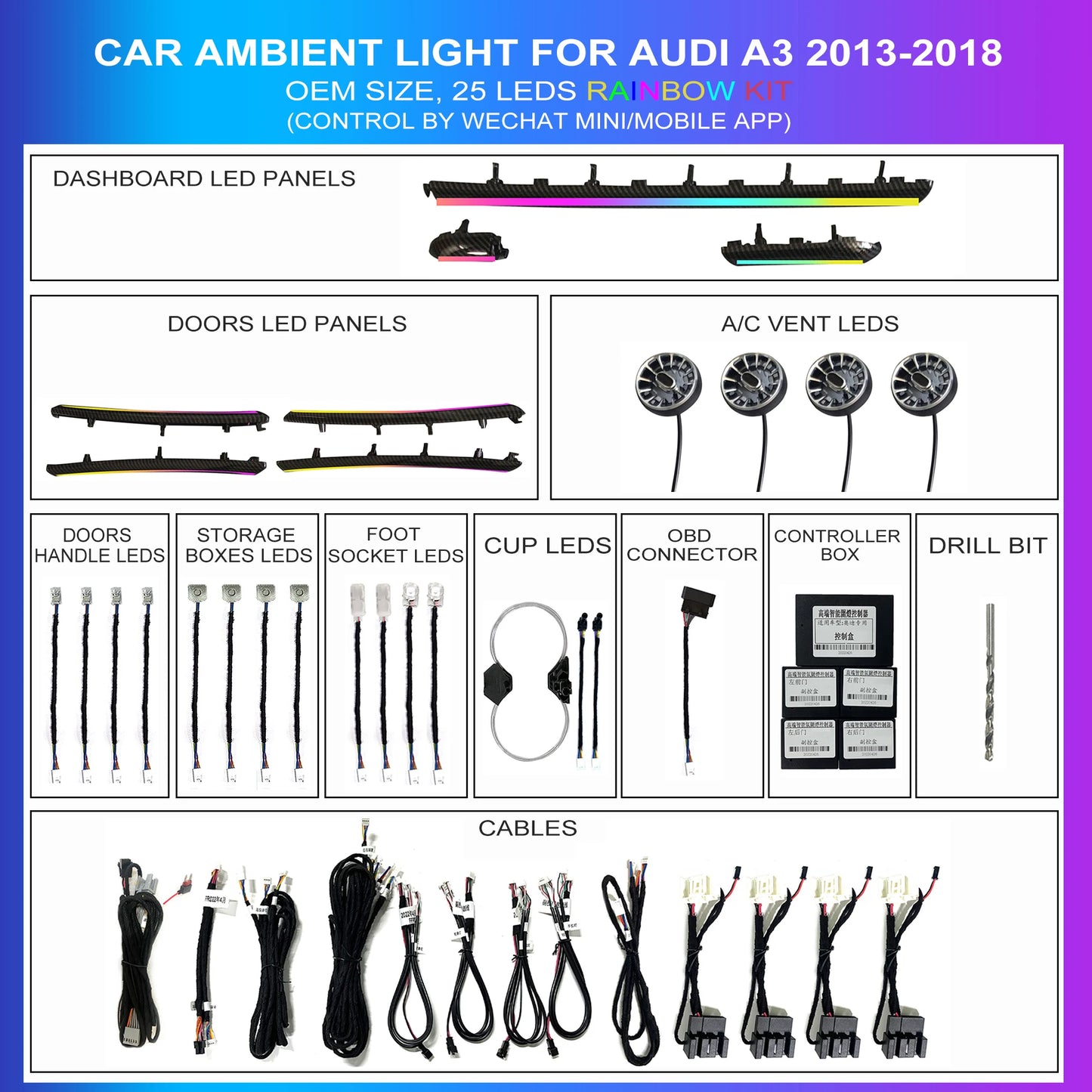 25 in 1 Symphony Ambient Lighting Car Kit For Audi A3 8Y 8V S3 RS3 2013-2020 Dashboard Door Air Vent Decoration Atmosphere Lamp