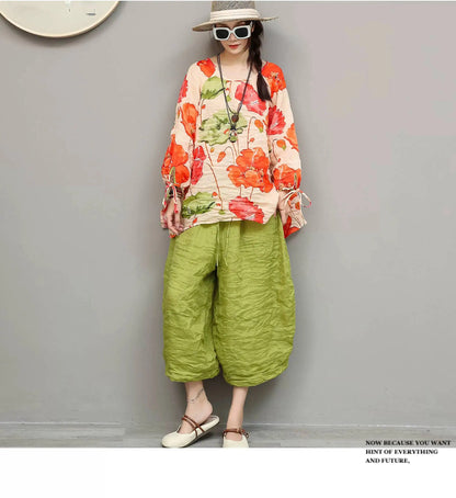 Artistic Ramie Suit Women Summer Floral Tie-up Top + Loose Wide-leg Cropped Pants Two-piece Set XY336