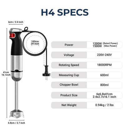 ROUNY 6-in-1 Multi-Purpose Immersion Hand Blender, Max 1500W Stick Blender with Stainless Steel Blades for Home and Kitchen