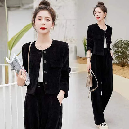 Fashionable Corduroy Set Women's Autumn Winter New Style Elegant Lady Fragrance Wind Coat Wide Leg Pants Two Piece Suit