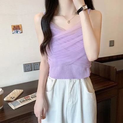 Sexy Mesh Splice Crop Top Backless Design Pure Color Strap Vest for Women Trendy Slimming Short Style Summer Fashion