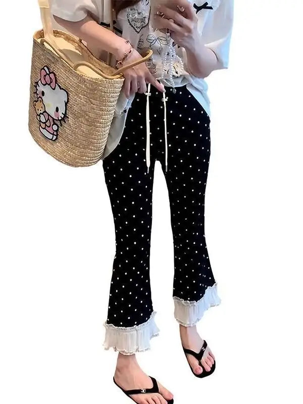 High Waist Lace Trim Bell Bottom Pants Women Summer 2026 New Style Slim Fit Small Size Nine Point Straight Micro Flared Polka...