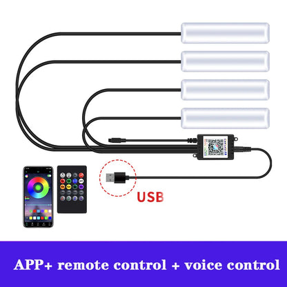 LED RGB Car Foot Ambient Light With USB Wireless Remote Voice Music APP Control Cigarette Lighter Car Footwell Lights