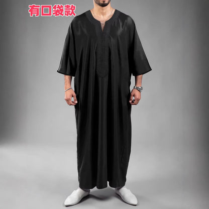 2026 New Model Men's Clothing With Embroidered Mid-sleeves And Side Pockets Robe Abaya Ramadan Dubai Luxury Islam Elegant