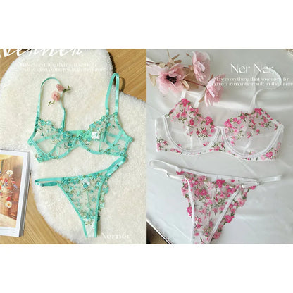 Sweet Sexy Lace Lingerie Set, Floral Embroidery Sheer Mesh, Thin Cooling, Big Bust Relief, Japanese Daily Women Underwear 32-38
