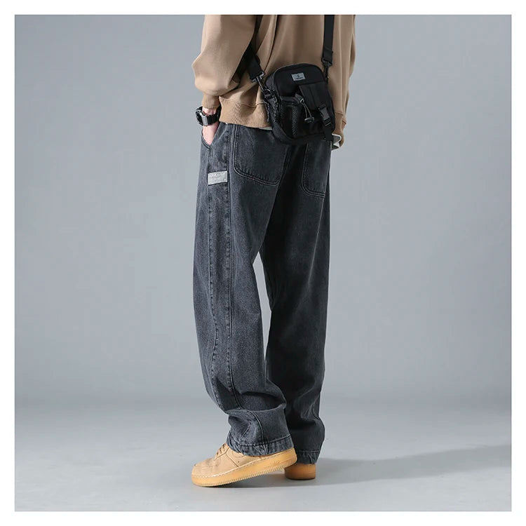 Men's Workwear Jeans Spring Autumn Wear Resistant Dirty Denim Multi Pocket Loose Straight Cut Fashion Urban Casual Leisure