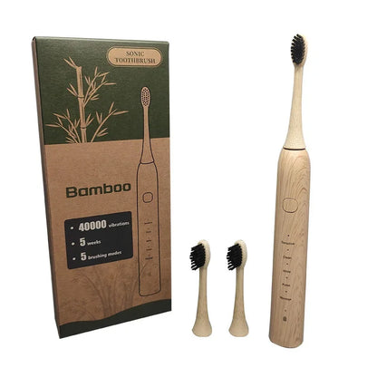Sonic Electric Toothbrush Eco-friendly Bamboo Smart 5 Mode USB Fast Charge IPX7 Waterproof Soft Home Teeth Whitening Gift Set
