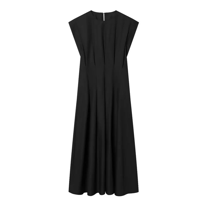 Women's Dress 2026 New Spring Summer Black Pleated Poplin Midi Dress for Women Fashion Stylish Female Dress