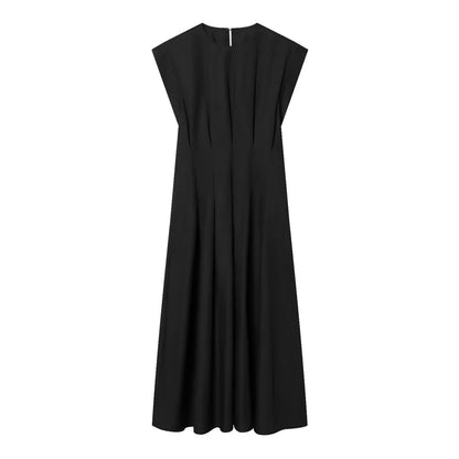 Women's Dress 2026 New Spring Summer Black Pleated Poplin Midi Dress for Women Fashion Stylish Female Dress