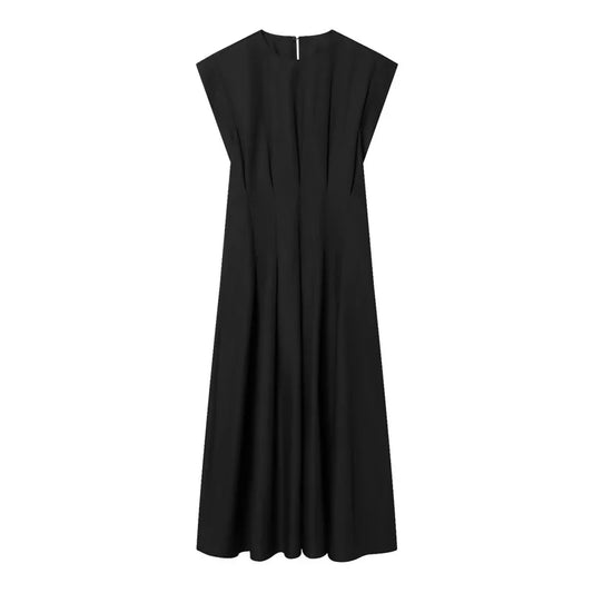 Women's Dress 2026 New Spring Summer Black Pleated Poplin Midi Dress for Women Fashion Stylish Female Dress