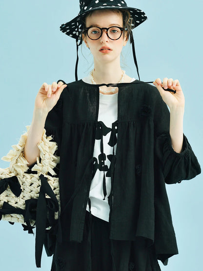 Shirt women 2025 imakokoni original summer art loose handmade hook flower tied rope cardigan top 255002