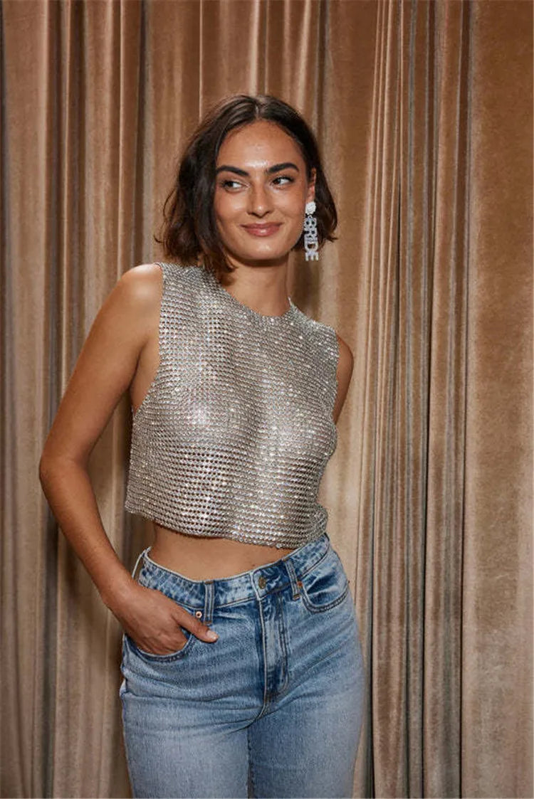 Shiny Rhinestone Sequins Crop Top Sexy Backless Round Neck Metal Tank Top For Women 2024 Fashion Nightclub Party Camisole