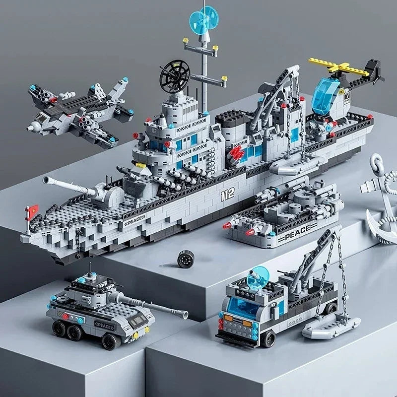 1560PCS military aircraft carrier building blocks, 6IN1 high-difficulty destroyer ship assembly model decoration gift
