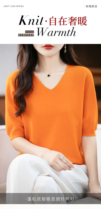Thin Worsted Wool Short-Sleeved Women's Loose Round Neck T-shirt Printed Summer Fashion Knitted Bottoming Shirt Half-Sleeved